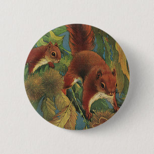 Badge Rond 5 Cm Vintage Squirrels, Forest Creatures, Wild Animals