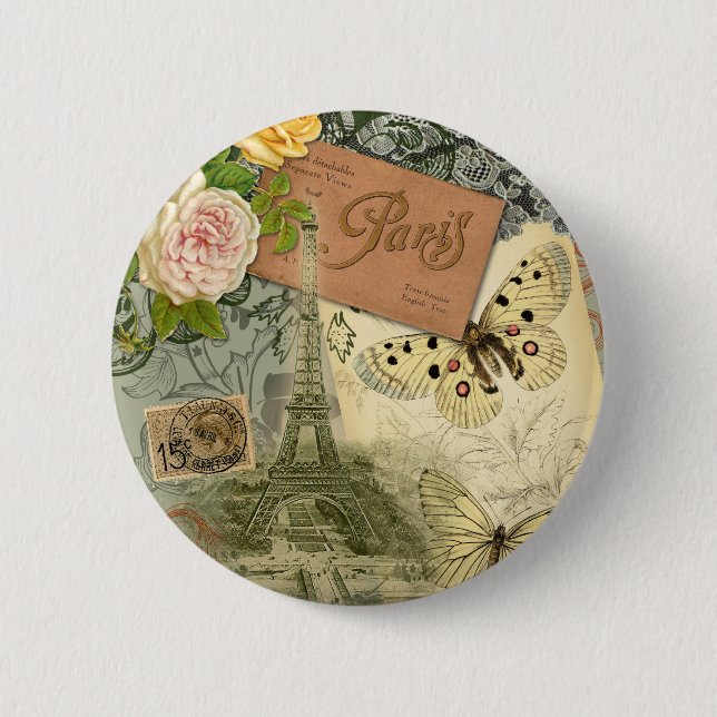 Badge Rond 5 Cm Vintage Tour Eiffel Paris France Collage voyage (Devant)