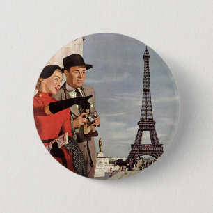 Badge Rond 5 Cm Vintage Tourists Traveling in Paris Eiffel Tower