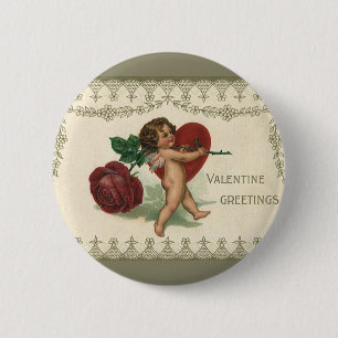 Badge Rond 5 Cm Vintage Victorian Valentine Cherub, Rose et coeur