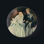 Badge Rond 5 Cm Vintage Wedding Newlyweds, Happy Bride and Goom<br><div class="desc">Vintage illustration wedding image featuring "Just Married" newlyweds walking down the aisle after their wedding ceremony. The bride is wearing a beautiful wedding gown and veil and holding a floral bouquet of white calla lily flowers. The handsome groom looks dapper in his tuxedo with tails.</div>