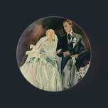 Badge Rond 5 Cm Vintage Wedding Newlyweds, Happy Bride and Goom<br><div class="desc">Vintage illustration wedding image featuring "Just Married" newlyweds walking down the aisle after their wedding ceremony. The bride is wearing a beautiful wedding gown and veil and holding a floral bouquet of white calla lily flowers. The handsome groom looks dapper in his tuxedo with tails.</div>