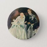 Badge Rond 5 Cm Vintage Wedding Newlyweds, Happy Bride and Goom<br><div class="desc">Vintage illustration wedding image featuring "Just Married" newlyweds walking down the aisle after their wedding ceremony. The bride is wearing a beautiful wedding gown and veil and holding a floral bouquet of white calla lily flowers. The handsome groom looks dapper in his tuxedo with tails.</div>