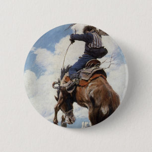 Badge Rond 5 Cm Vintage Western Cowboys, Bucking par NC Wyeth