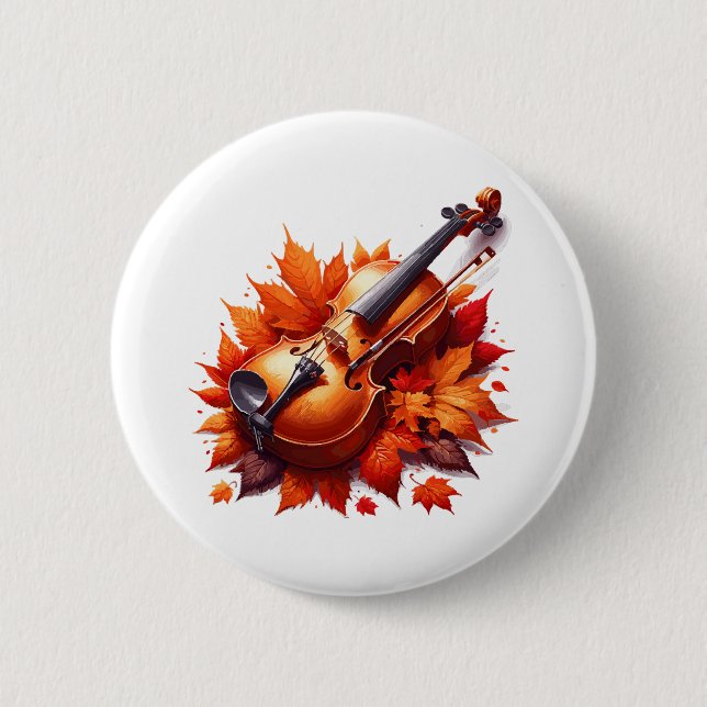 Badge Rond 5 Cm Violon dans le lit de feuilles (Devant)