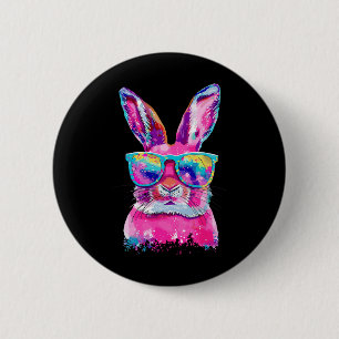 Badge Rond 5 Cm Visage de Lapin Avec Lunettes Tie Dye Joyeuses Pâq