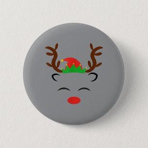 Badge Rond 5 Cm Visage de Renne Sourire Chapeau d'Elf Drôle de Noë