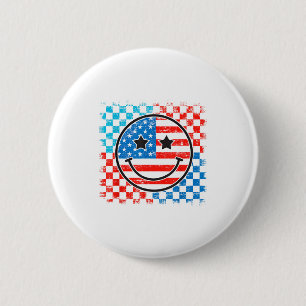 Badge Rond 5 Cm Visage Sourire à Carreaux Rouge Blanc Bleu États-U