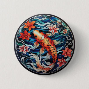 Badge Rond 5 Cm Vitrail asiatique style Koi Poisson et Camellias