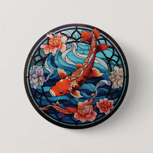 Badge Rond 5 Cm Vitrail asiatique style Koi Poisson et Camellias