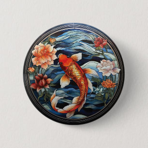 Badge Rond 5 Cm Vitrail asiatique style Koi Poisson et Camellias