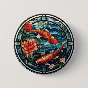 Badge Rond 5 Cm Vitrail asiatique style Koi Poisson et Camellias