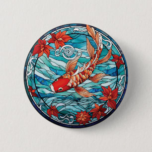 Badge Rond 5 Cm Vitrail asiatique style Koi Poisson et Camellias
