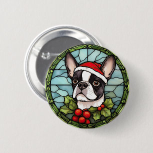 Badge Rond 5 Cm Vitrail de Noël Boston Terrier