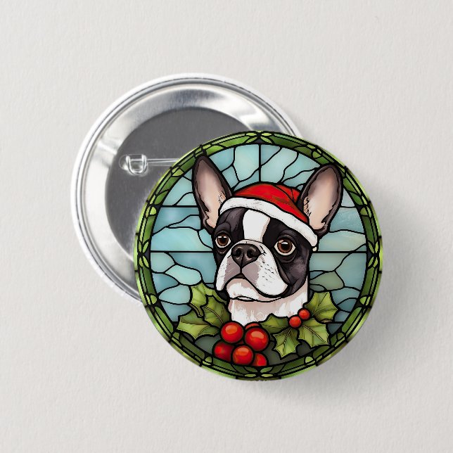 Badge Rond 5 Cm Vitrail de Noël Boston Terrier (Devant & derrière)