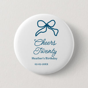 Badge Rond 5 Cm Vive vingt nœud d'anniversaire bleu boho date nom