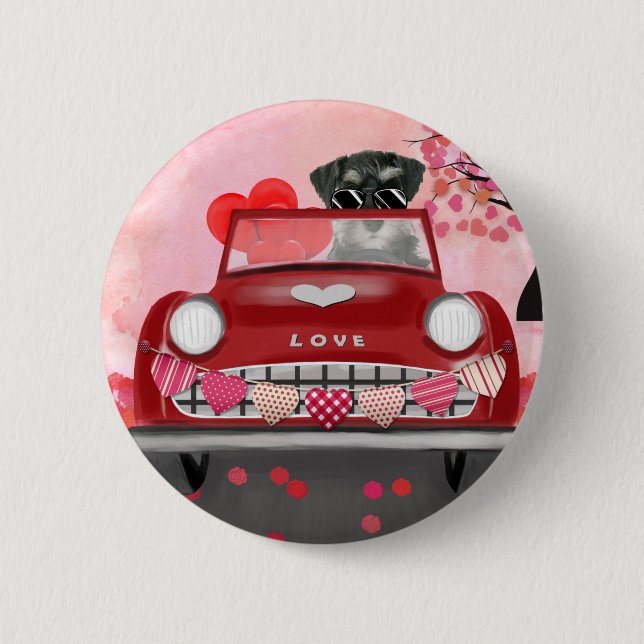 Badge Rond 5 Cm Voiture de chien Schnauzer avec les coeurs Valenti (Devant)
