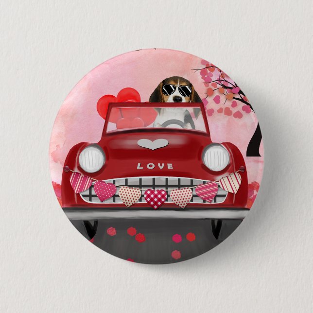 Badge Rond 5 Cm Voiture de conduite de chien beagle avec les coeur (Devant)