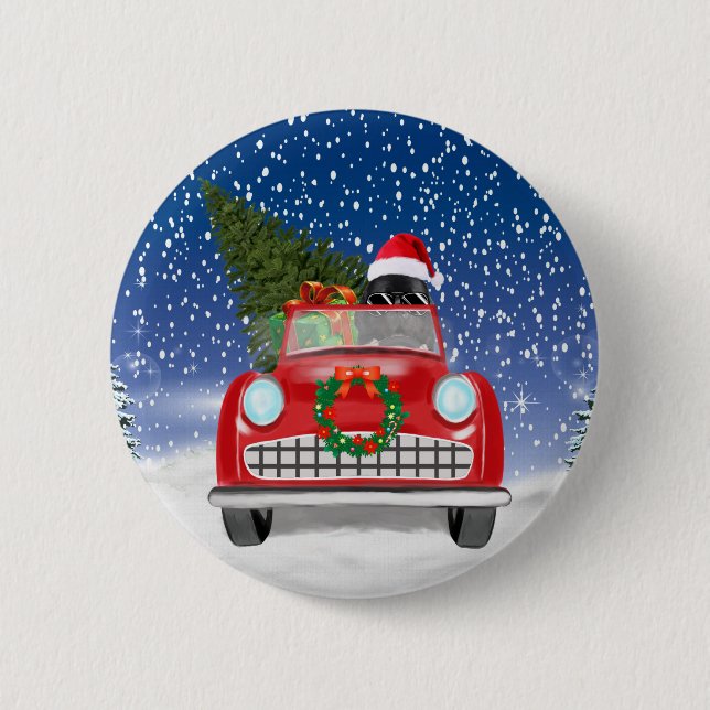 Badge Rond 5 Cm Voiture De Conduite De Chien De Terre-Neuve À Noël (Devant)