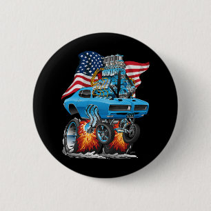 Badge Rond 5 Cm Voiture Musclée des Années 60 Patriotique Drôle de