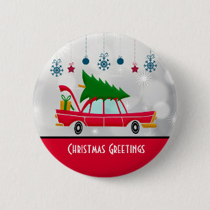 Badge Rond 5 Cm Voiture rouge rétro portant un arbre de Noël