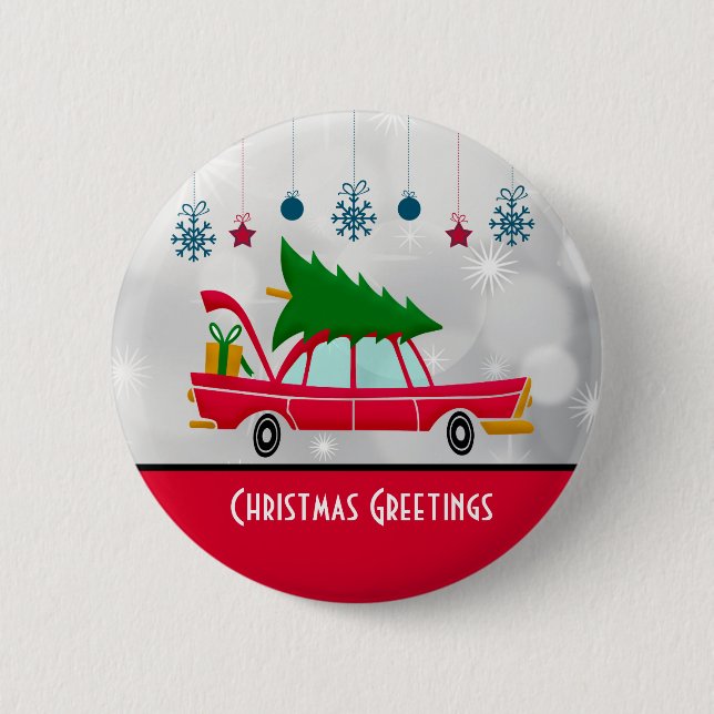 Badge Rond 5 Cm Voiture rouge rétro portant un arbre de Noël (Devant)