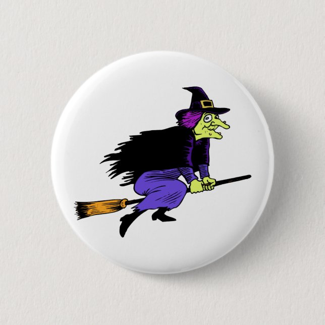 Badge Rond 5 Cm Vol de sorcière de Halloween sur un manche à  (Devant)