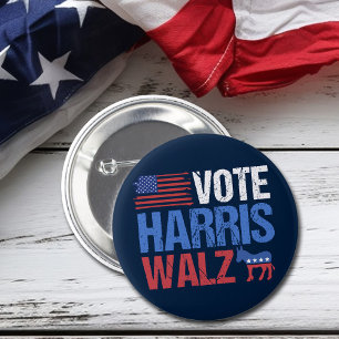 Badge Rond 5 Cm Vote Harris Walz Democrat Donkey American Flag
