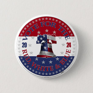 Badge Rond 5 Cm Votez pour la cloche de la liberté rouge, blanche 