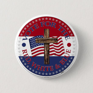 Badge Rond 5 Cm Votez pour le rouge, blanc et bleu avec croix et É