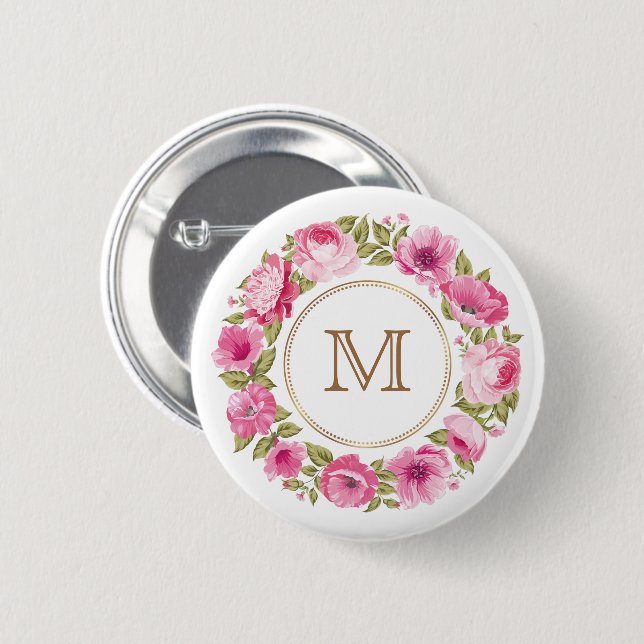 Badge Rond 5 Cm Votre Monogramme dans un cadre de fleurs boutons p (Devant & derrière)