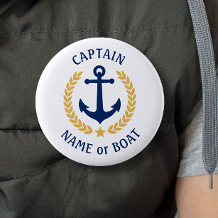 Badge Rond 5 Cm Votre nom de bateau Capitaine Ancre Gold Laurel Bl