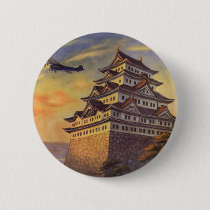 Badge Rond 5 Cm Voyage au Japon vintage, avion de pagode japonaise