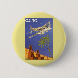 Badge Rond 5 Cm Voyage Vintage vers Le Caire, Égypte, Avion Biplan