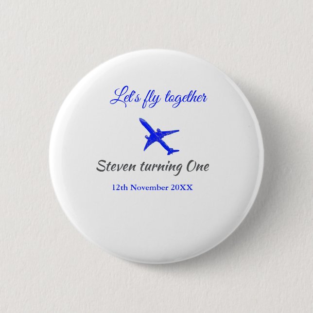 Badge Rond 5 Cm Voyons ensemble l'avion de premier anniversaire bl (Devant)