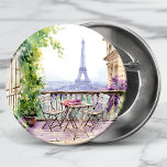 Badge Rond 5 Cm Watercolor Eifel Tower Paris French Cafe<br><div class="desc">Watercolor Eifel Tower Paris French Cafe Buttons features a watercolor french cafe seating area with Paris and the Eifel Tower in the background. Created by Evco Studio www.zazzle.com/store/evcostudio</div>