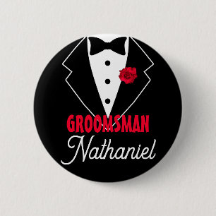 Badge Rond 5 Cm Wedding Black Tie Tuxedo, Red Rose, Customizable