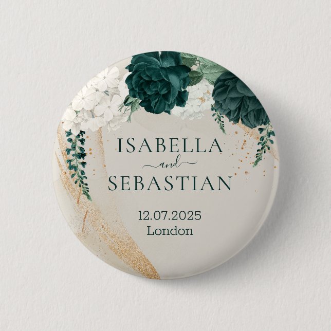 Badge Rond 5 Cm Wedding Cream Sage Emerald Green Rose Floral (Devant)