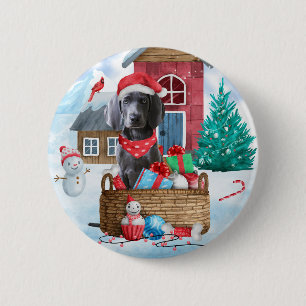 Badge Rond 5 Cm Weimaraner Chien dans la neige Maison de Chien de