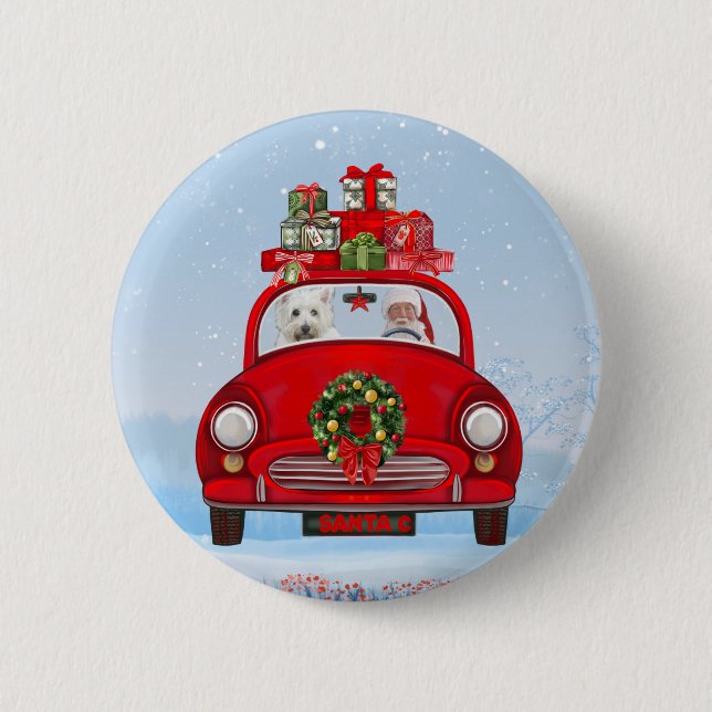 Badge Rond 5 Cm West Highland White Terrier Chien avec le Père Noë (Devant)