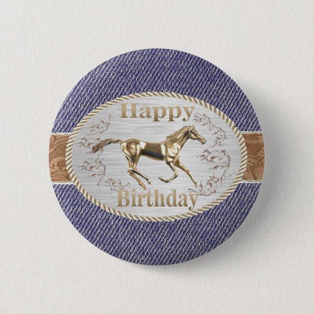 Badge Rond 5 Cm Western Belt Et Buckle Sur Denim Joyeux Anniversai (Devant)