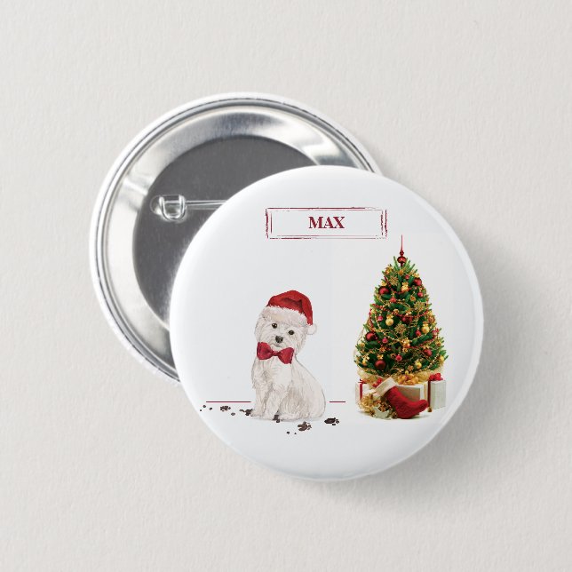 Badge Rond 5 Cm Westie Noël drôle Chien avec Arbre (Devant & derrière)