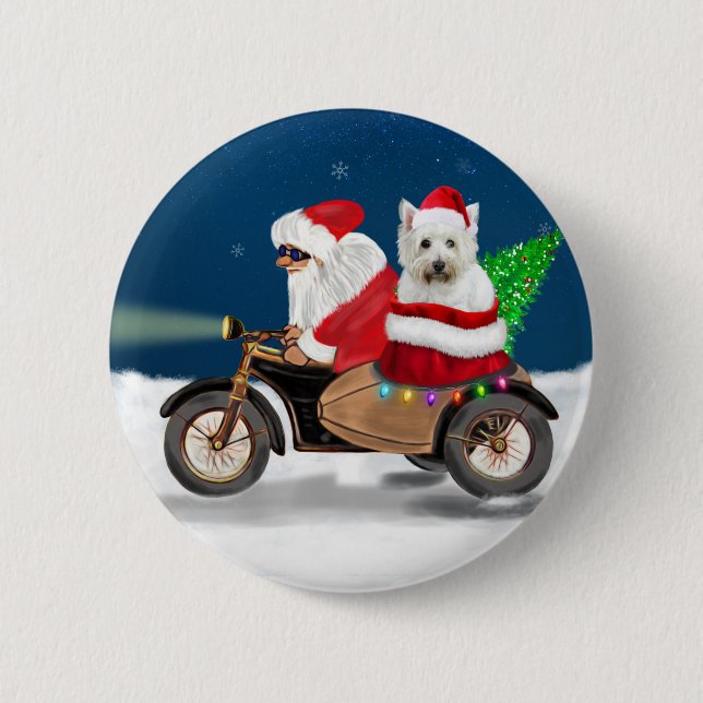 Badge Rond 5 Cm Westie's Festive Ride : Le Père Noël sur une moto (Devant)