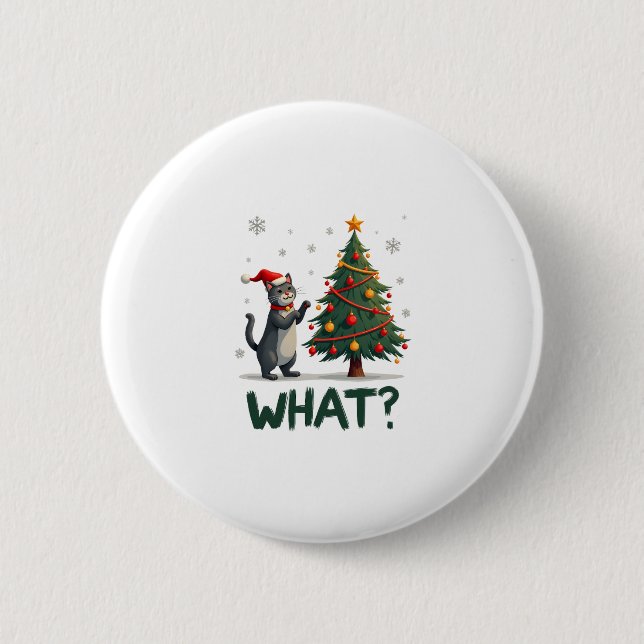 Badge Rond 5 Cm What Funny Cat Pushing Christmas Tree Over Cat Xma (Devant)