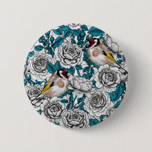 Badge Rond 5 Cm White rose flowers and goldfinch birds