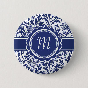 Badge Rond 5 Cm William Morris bleu et blanc élégant floral