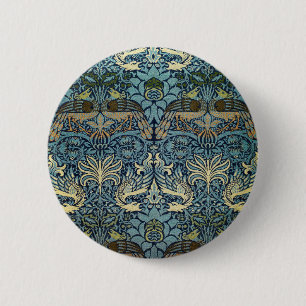 Badge Rond 5 Cm William Morris Dessin Tissé Paon et Dragon
