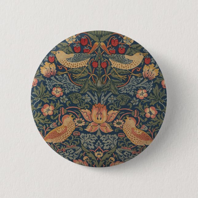 Badge Rond 5 Cm William Morris Fraise Voleurs Oiseaux (Devant)