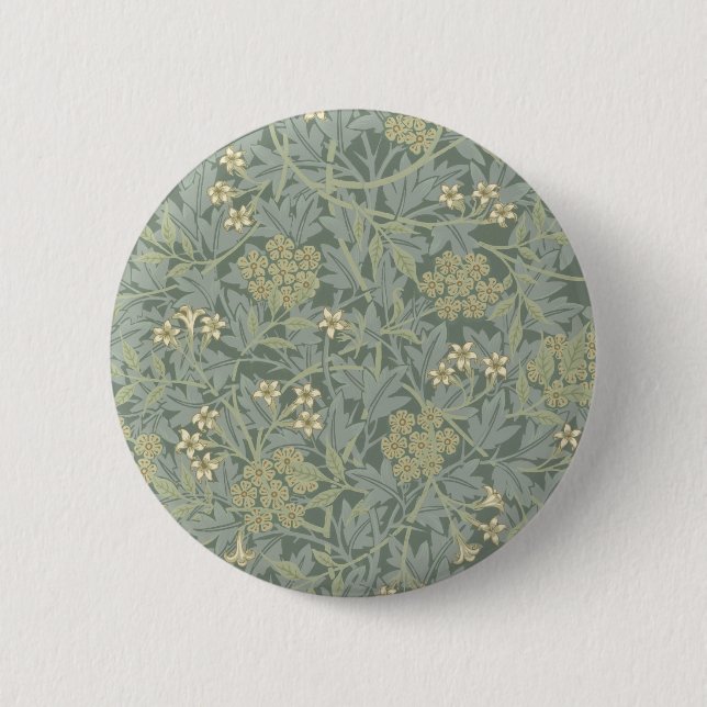 Badge Rond 5 Cm William Morris Jasmine Bleu Vert Art Botanique (Devant)