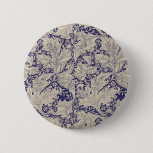 Badge Rond 5 Cm William Morris Motif Giroflée Bleu Antique